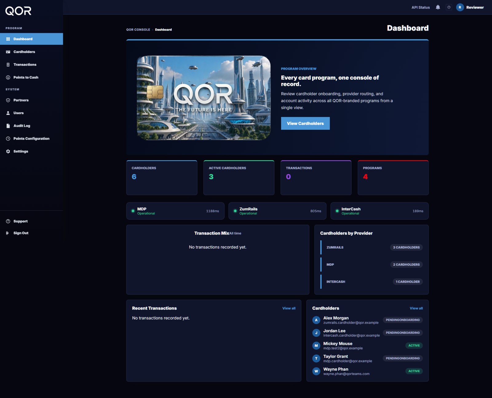 QOR Console dashboard with live data